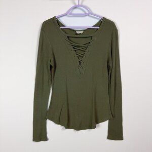 Emory Park Olive Green Long Sleeve Top with Lace Up Detail, Women's Small